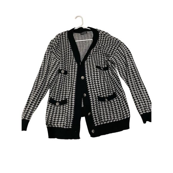 Shein Houndstooth black and white cardigan ladies sweater size Large - Picture 1 of 5